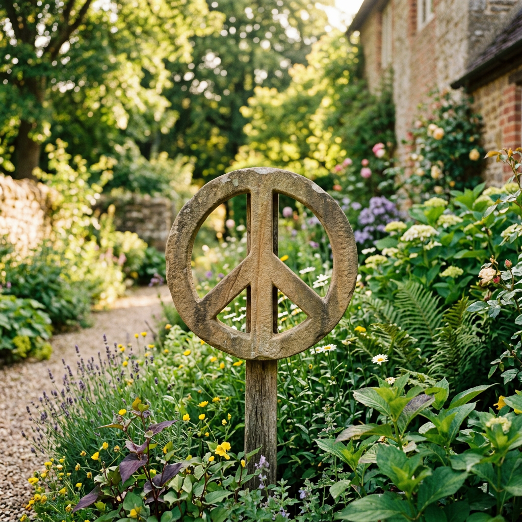 Stone peace sign on wooden post surrounded by various garden flowers and greenery