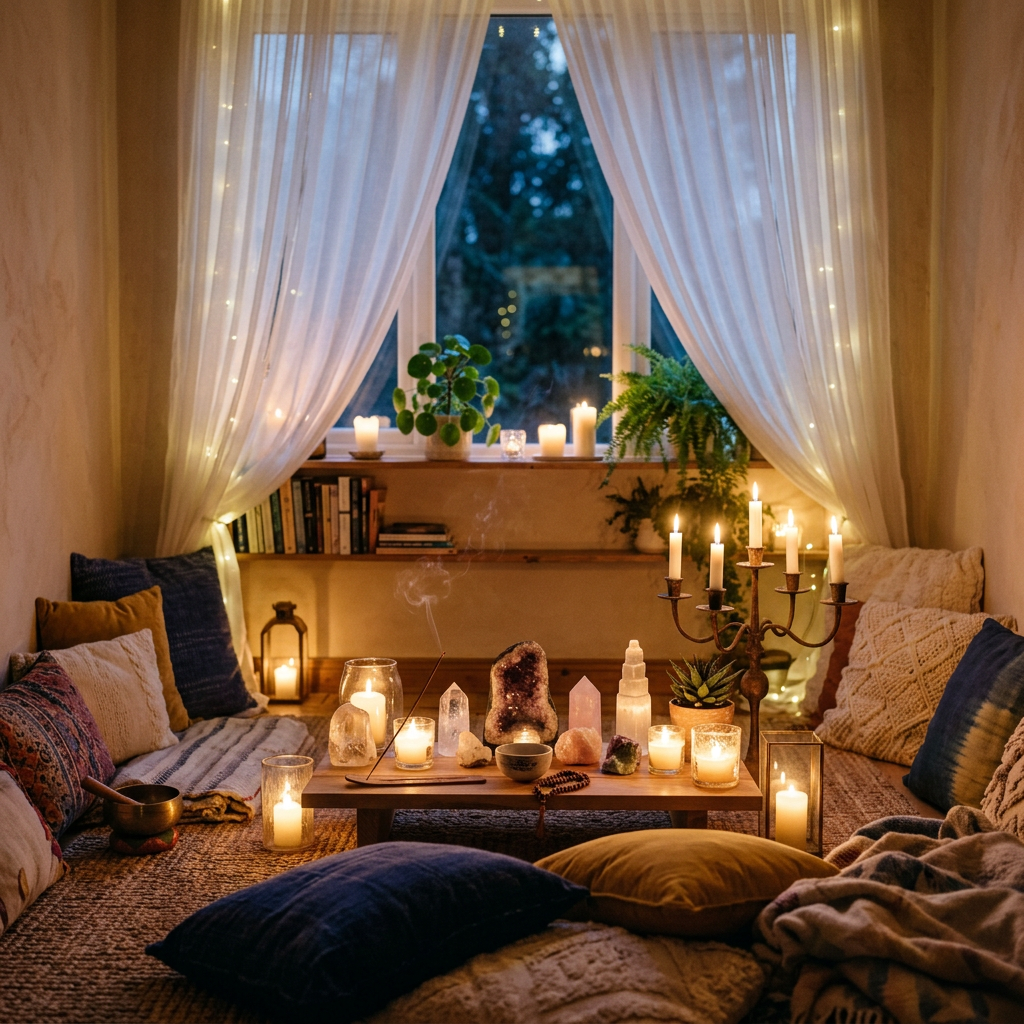 Cozy corner with cushions, lit candles, crystals, and plants for meditation